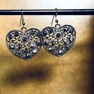Large Heart Dangles with black and clear rhinestones